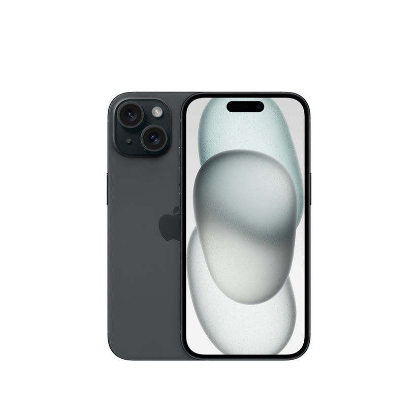 Vista frontal y trasera de un iPhone 15 negro que destaca por su elegante diseño y su cámara dual.